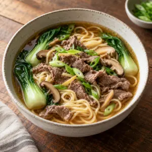 Beef noodle soup served in a ceramic bowl