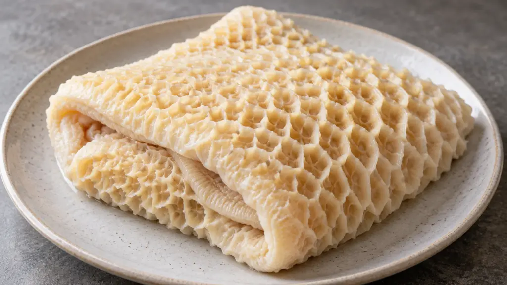 Beef tripe with pale honeycomb folds on a ceramic plate