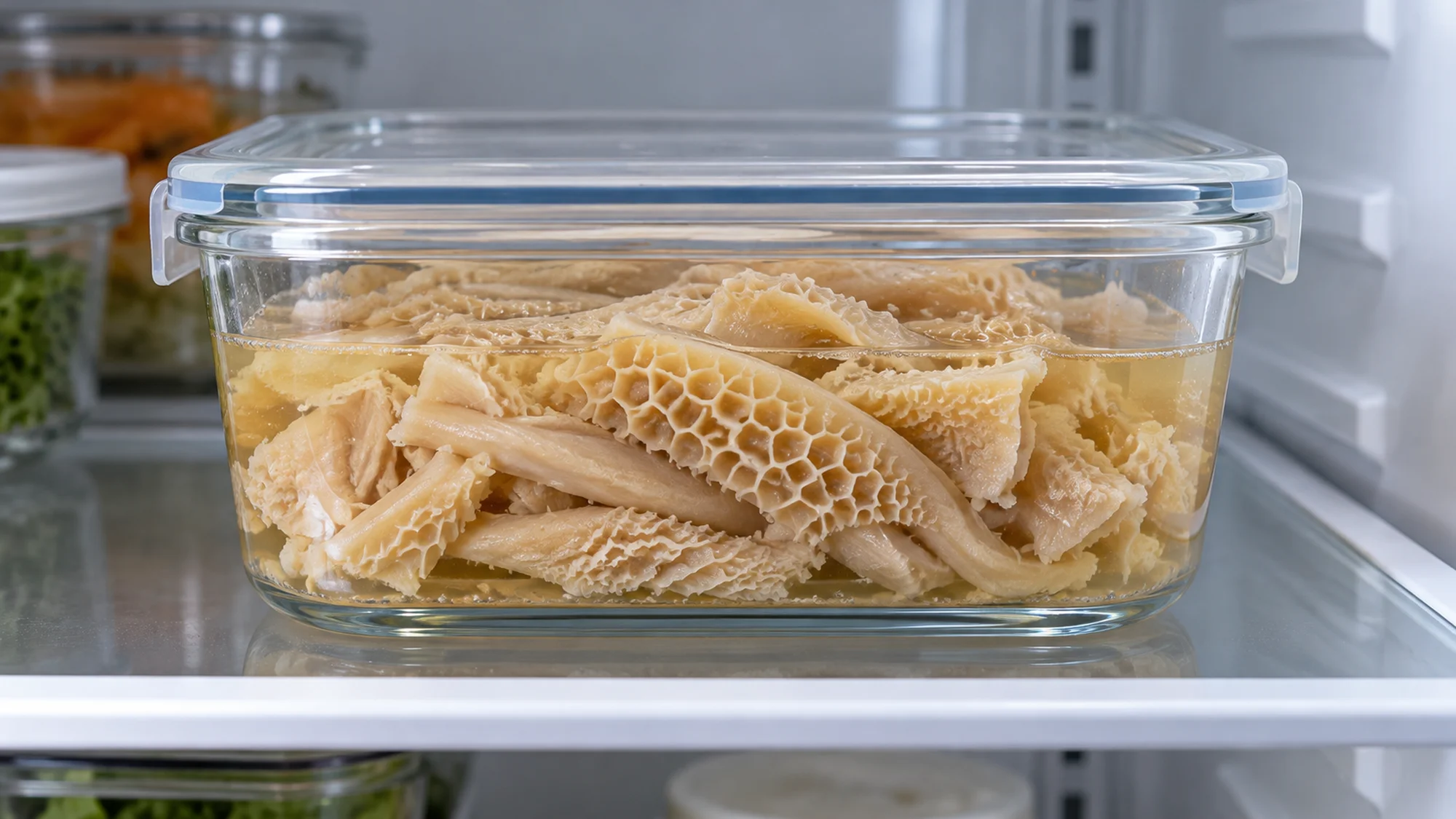 Cooked beef tripe stored in a covered glass container in the refrigerator