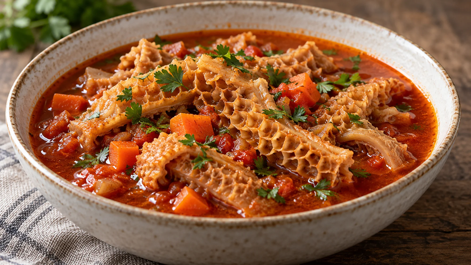 Cooked beef tripe in tomato broth with carrot and herbs