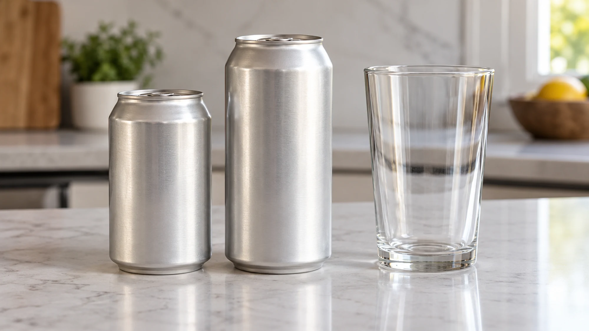 Two different-size sealed beverage cans beside an empty glass