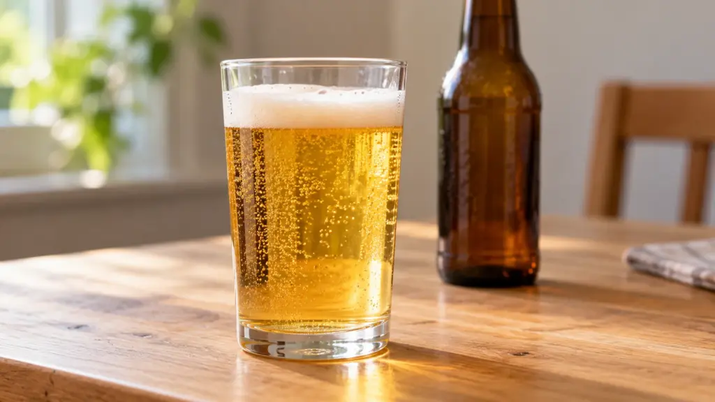Pale golden beer in a clear glass beside an unbranded bottle
