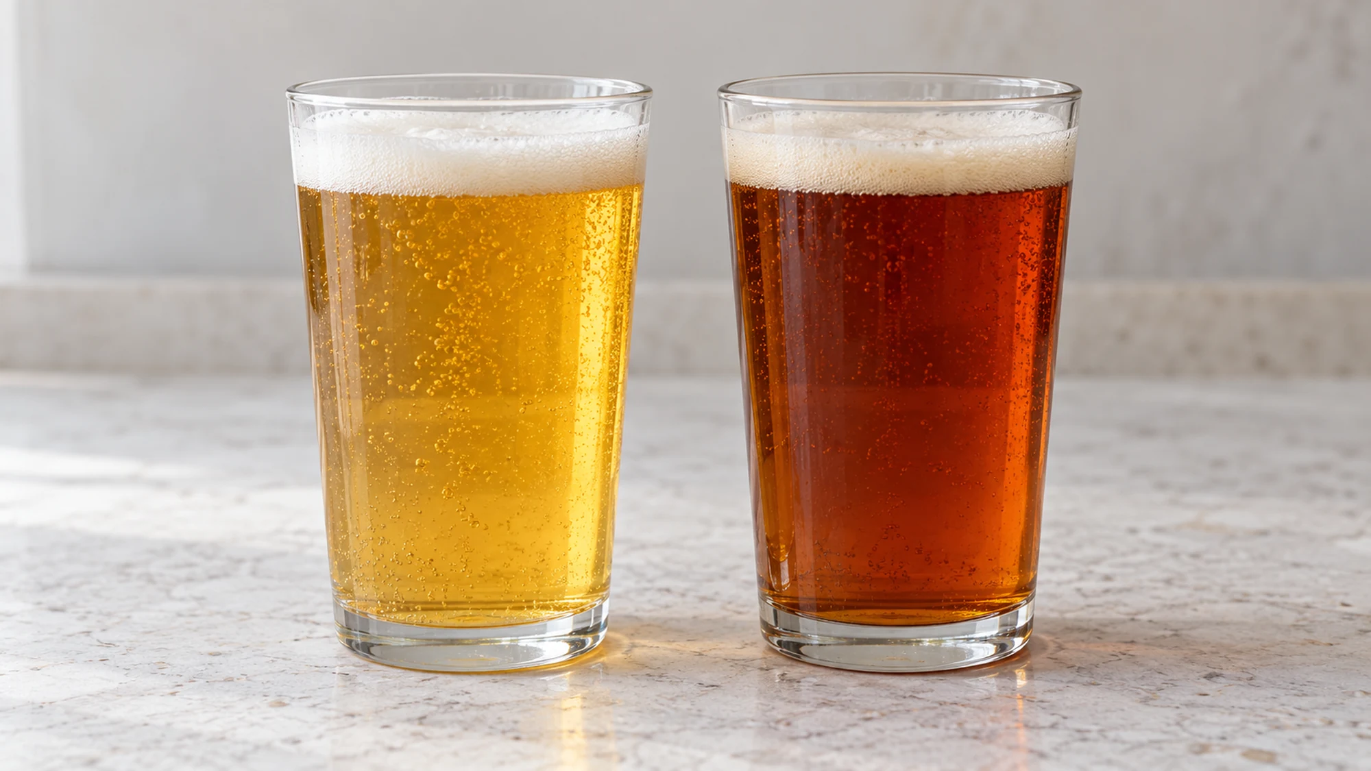 Pale lager and amber beer in matching glasses at the same fill height