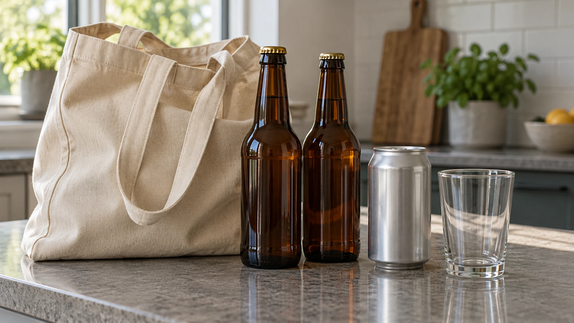Unbranded beer bottles and a can beside a grocery bag