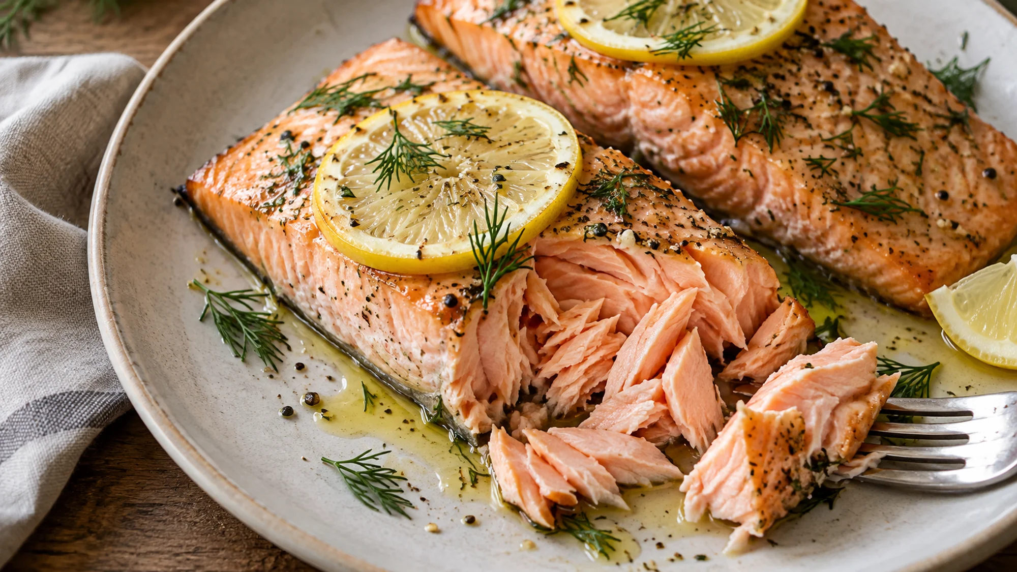 Flaked lemon dill fish showing the best way to cook salmon until tender