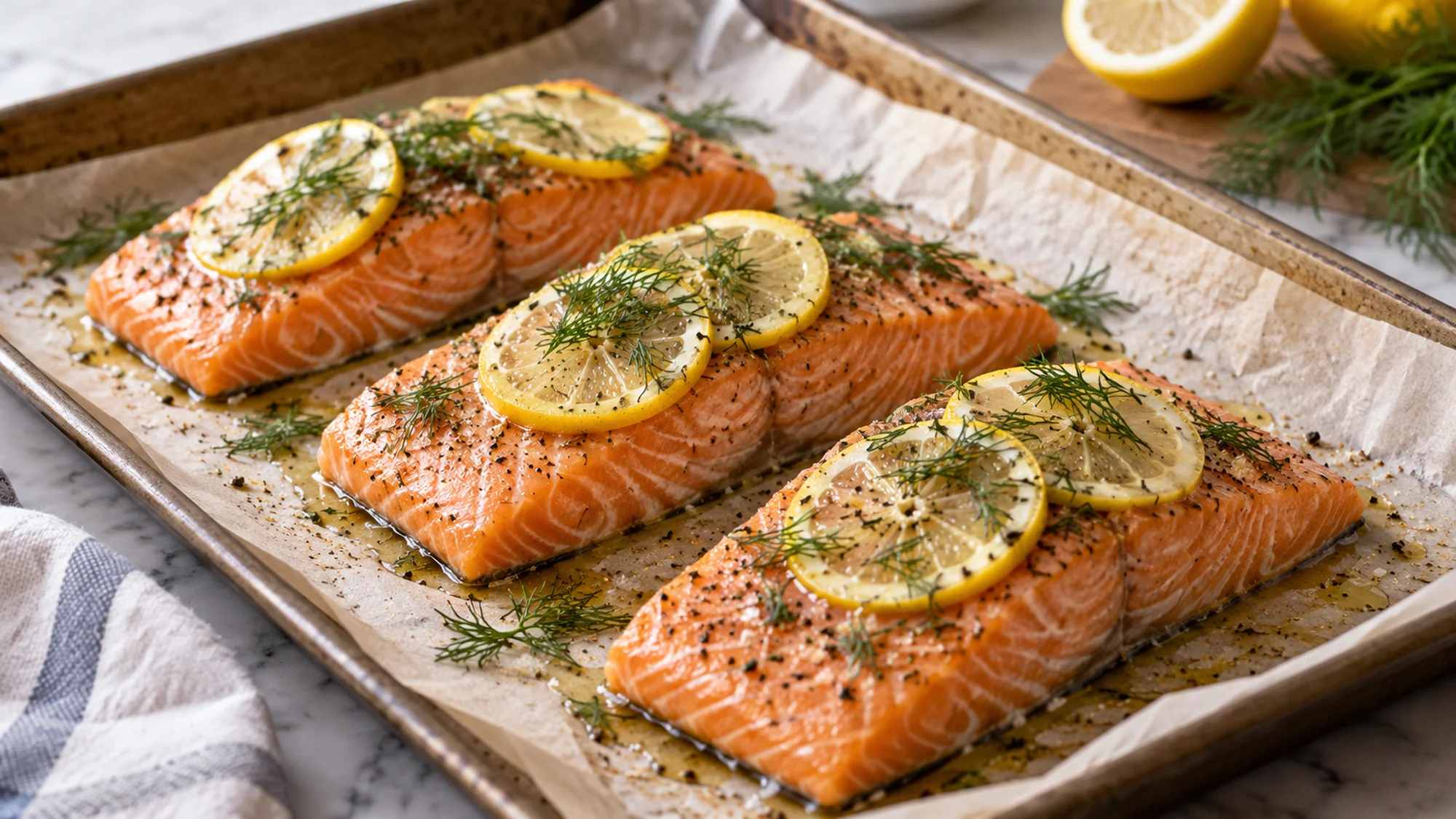 Fillets on a lined tray for the best way to cook salmon by roasting
