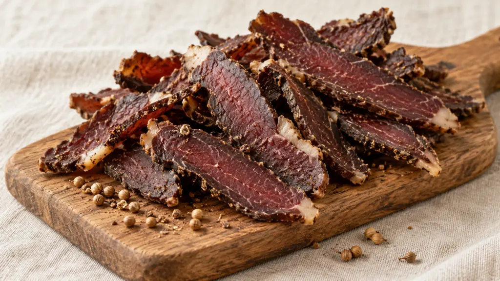 Thin slices of beef biltong with coriander seeds on a wooden board