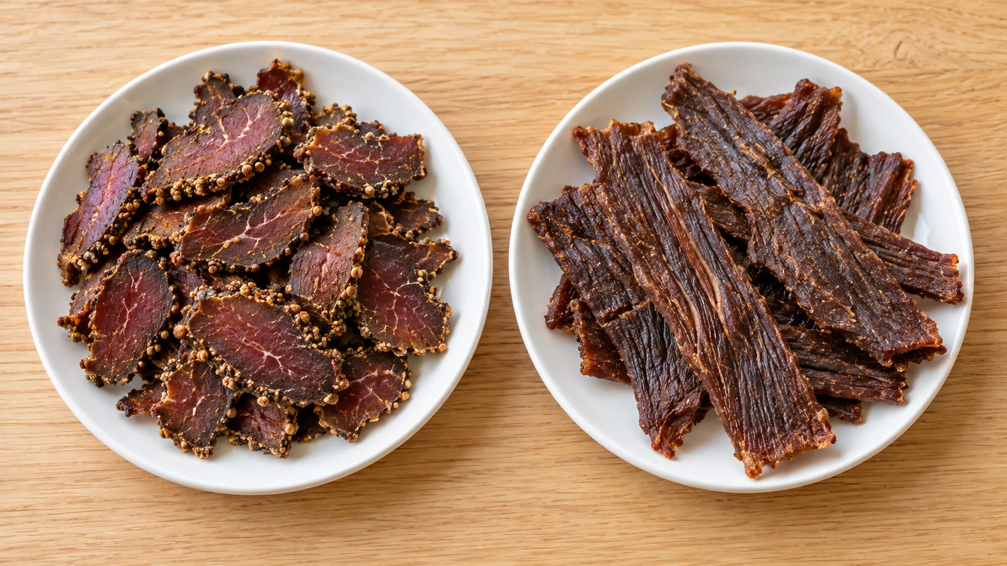 Biltong slices and beef jerky strips compared on separate plates