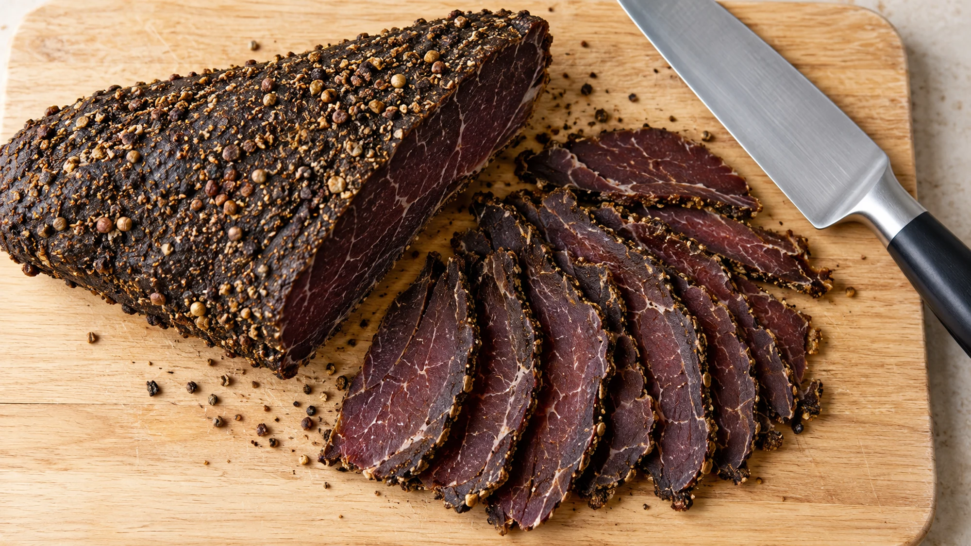 Whole dried beef biltong beside freshly cut thin slices