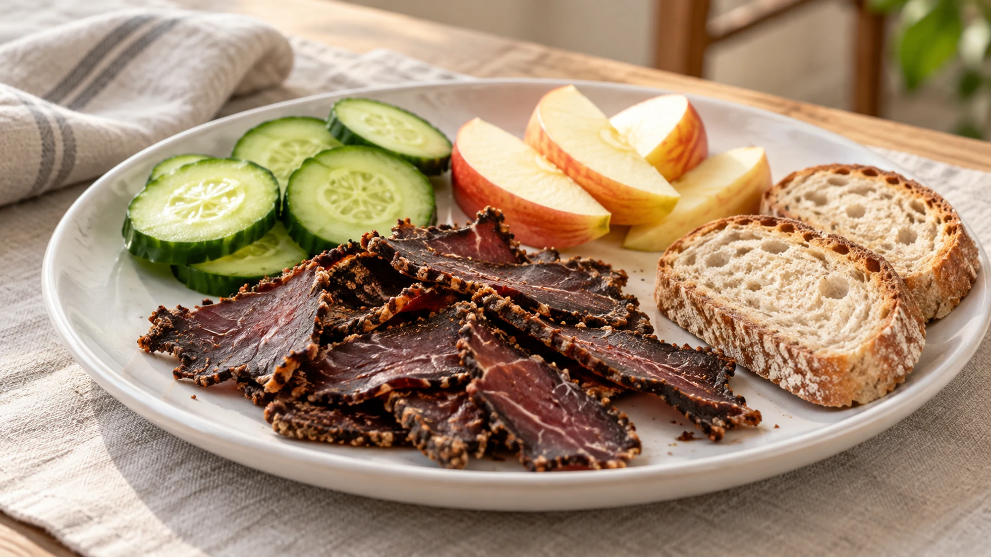 Biltong slices served with cucumber, apple wedges and bread