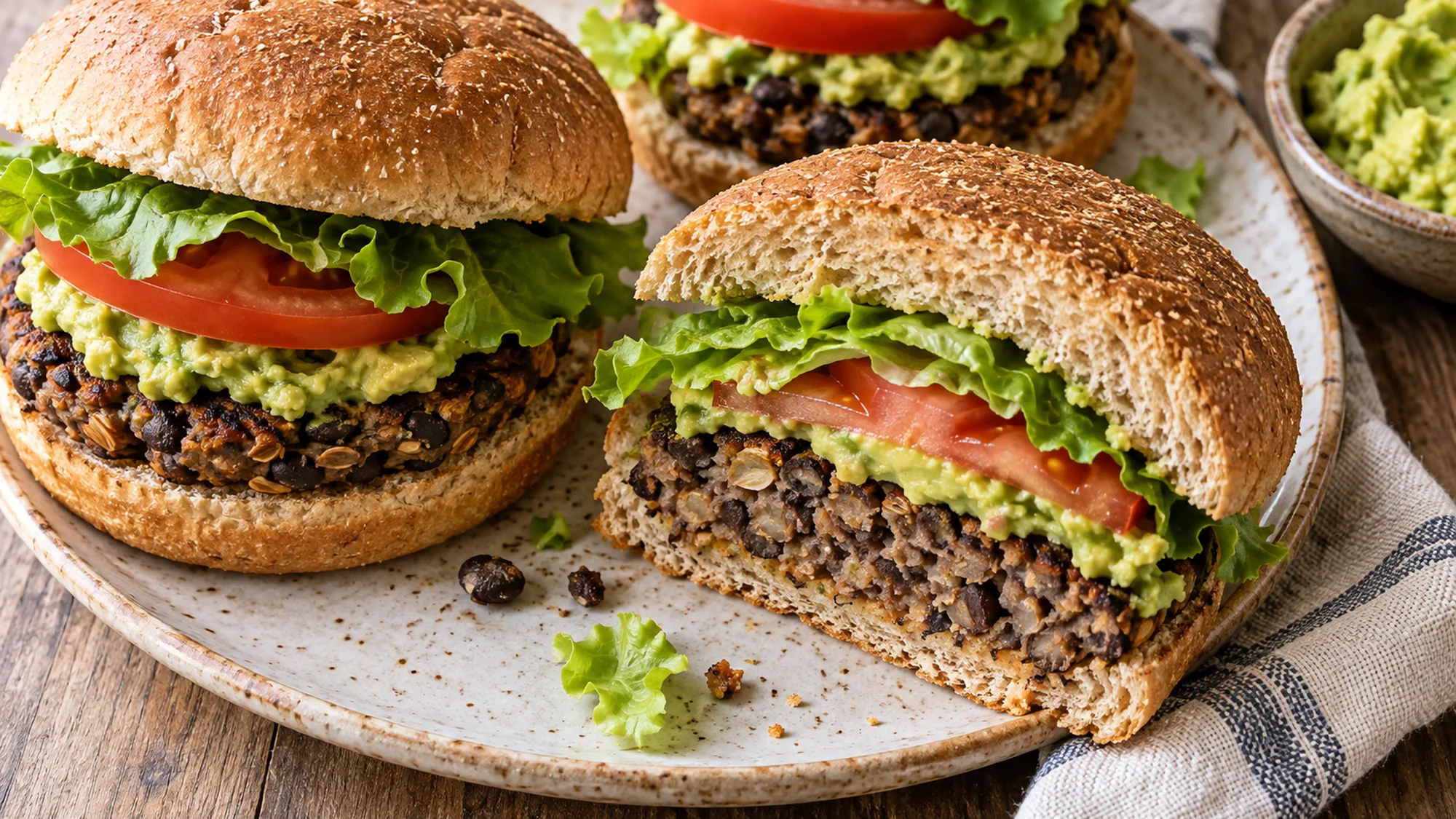 A cut black bean burger showing its coarse bean and oat patty