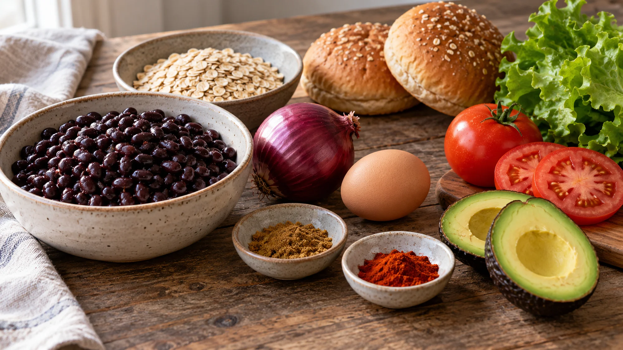 Beans, oats, egg and vegetables for black bean burgers