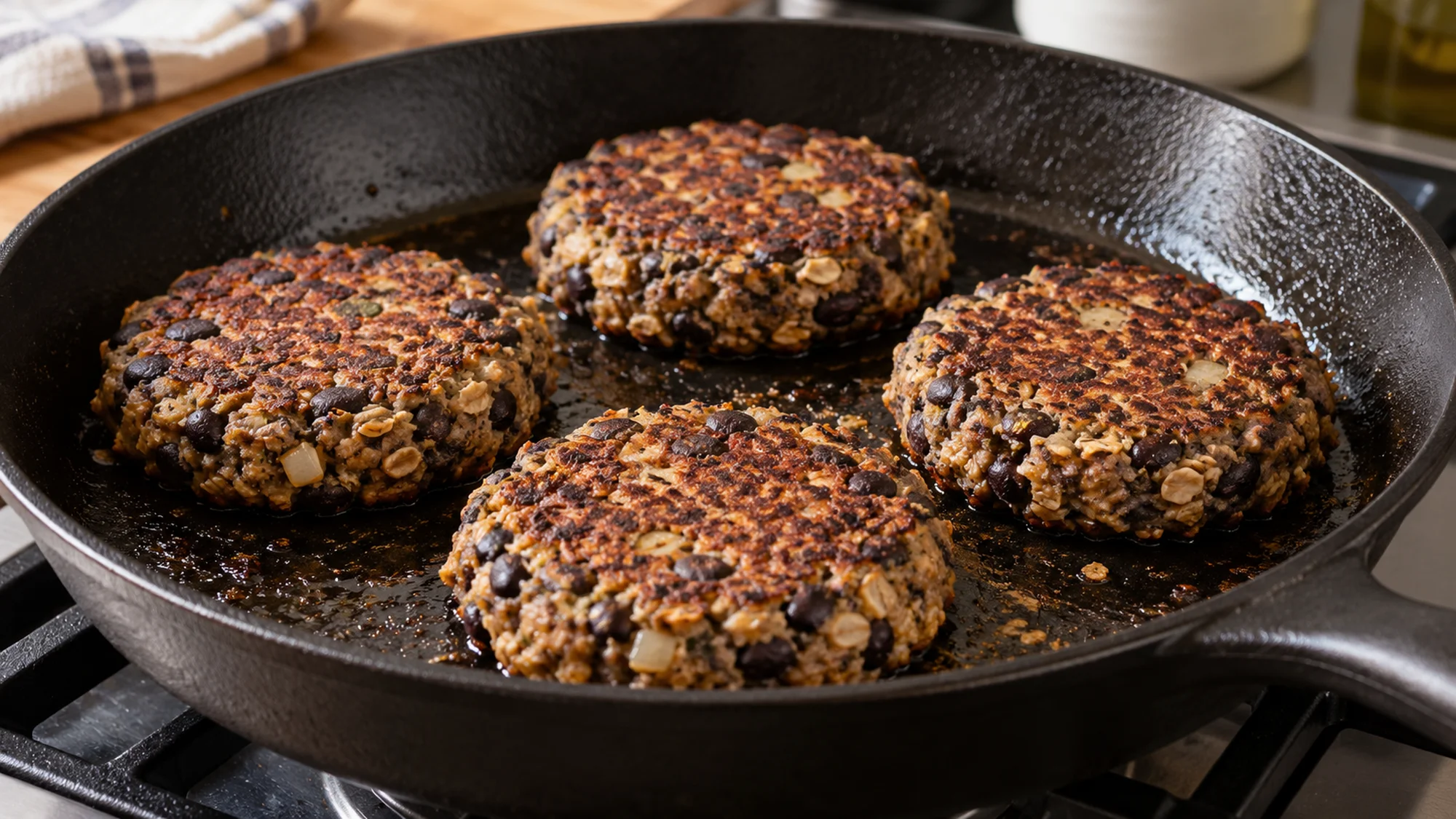 Four black bean burgers browning in a skillet