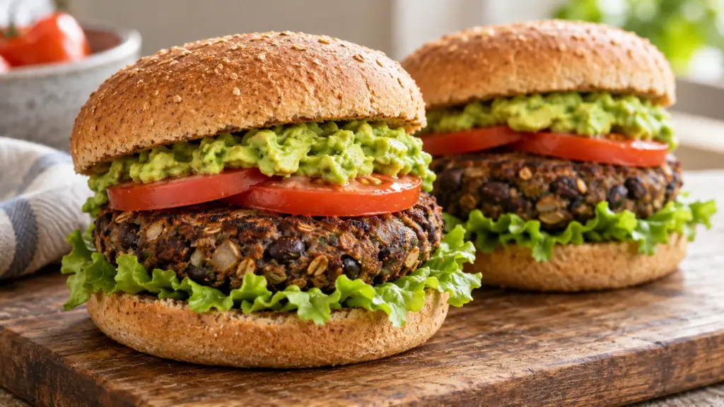 Black bean burgers with lettuce, tomato and avocado