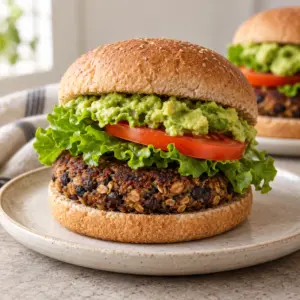 A black bean burger in a whole-wheat bun with avocado