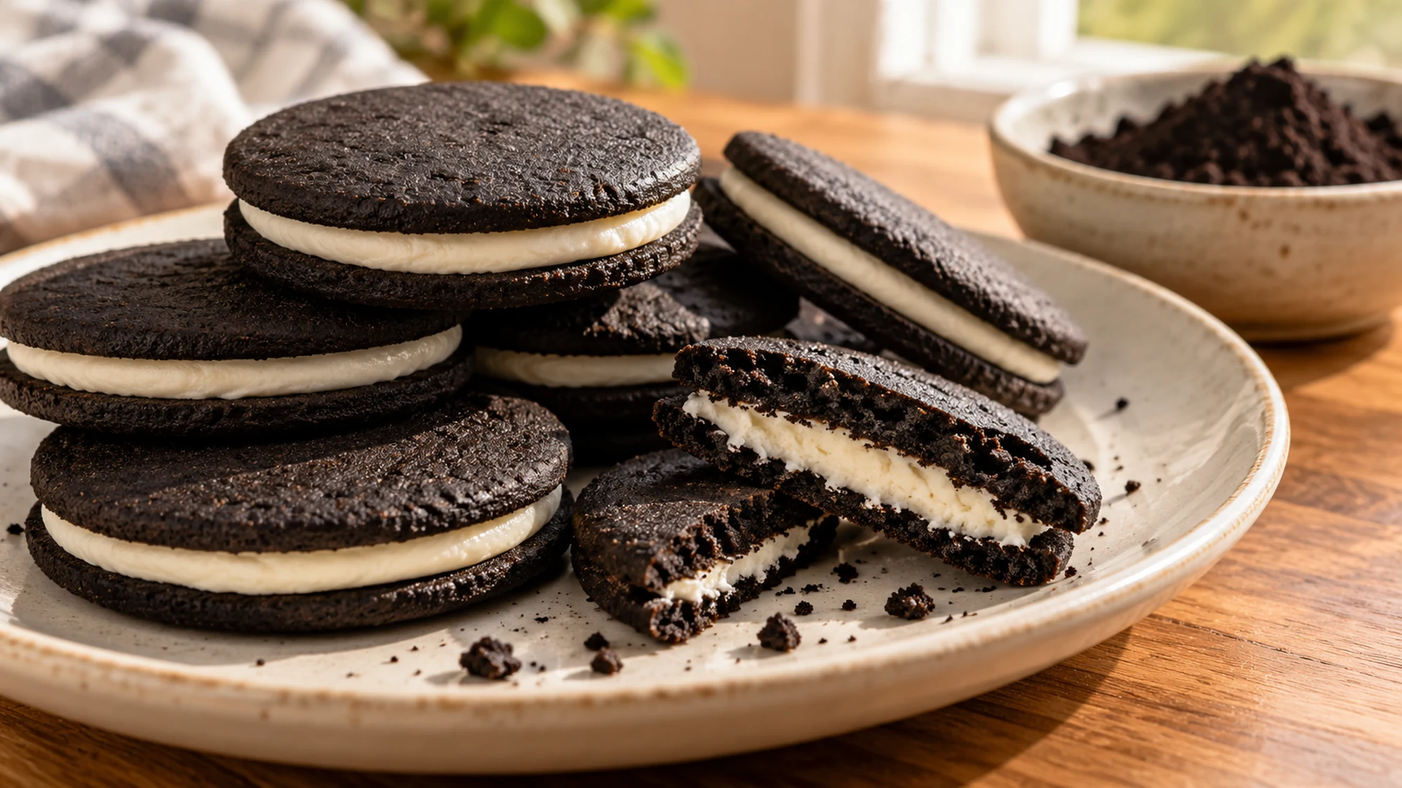 Black cocoa powder sandwich cookies with white filling and a broken cookie