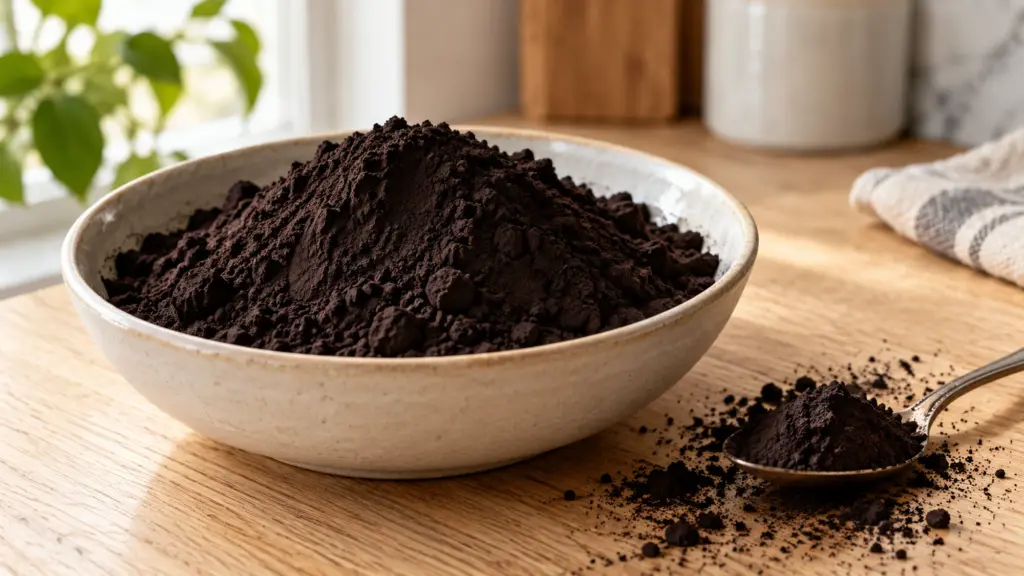 Black cocoa powder in a ceramic bowl beside a powder-filled spoon