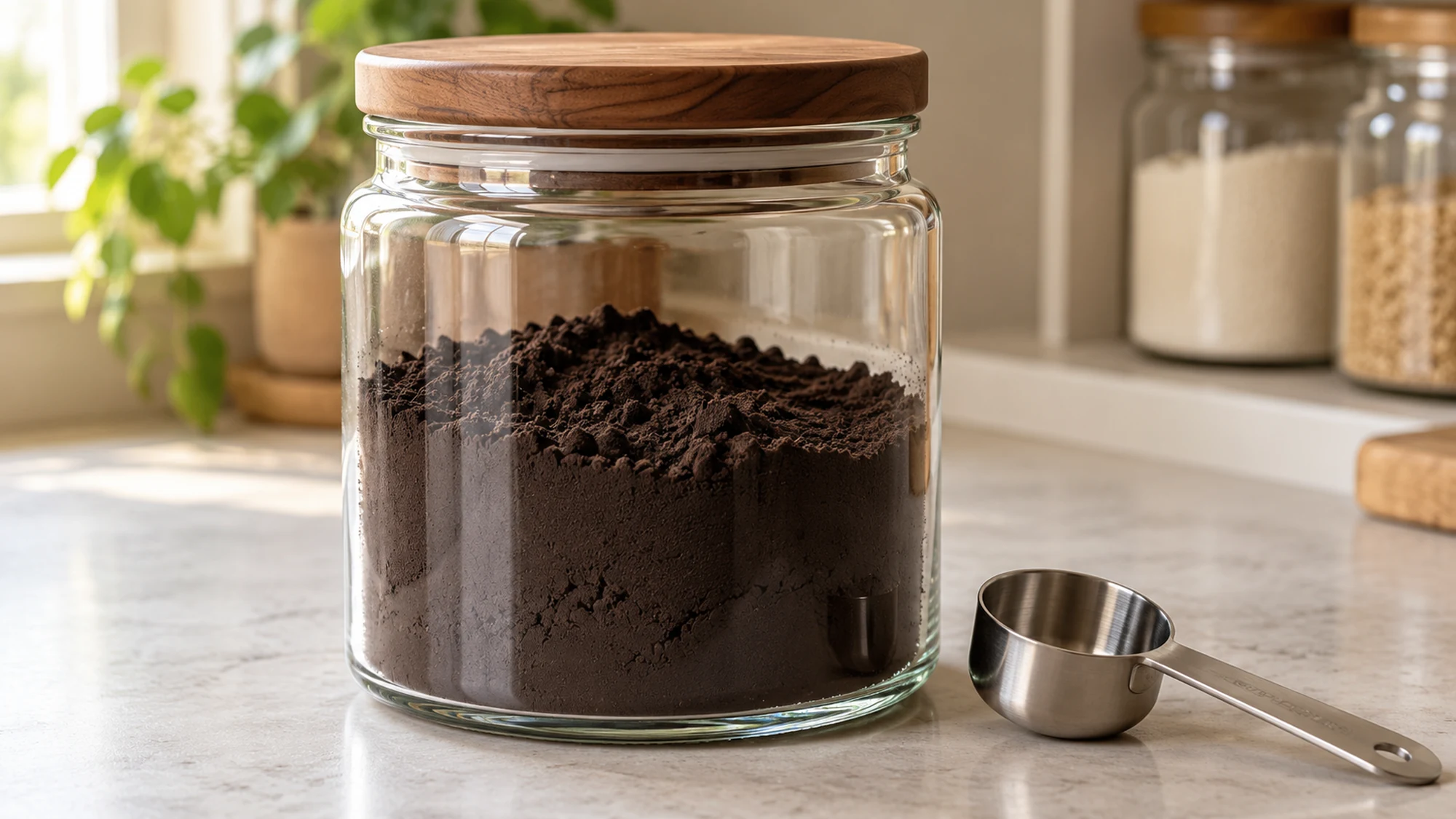 Black cocoa powder stored in a closed glass jar beside a dry measuring scoop
