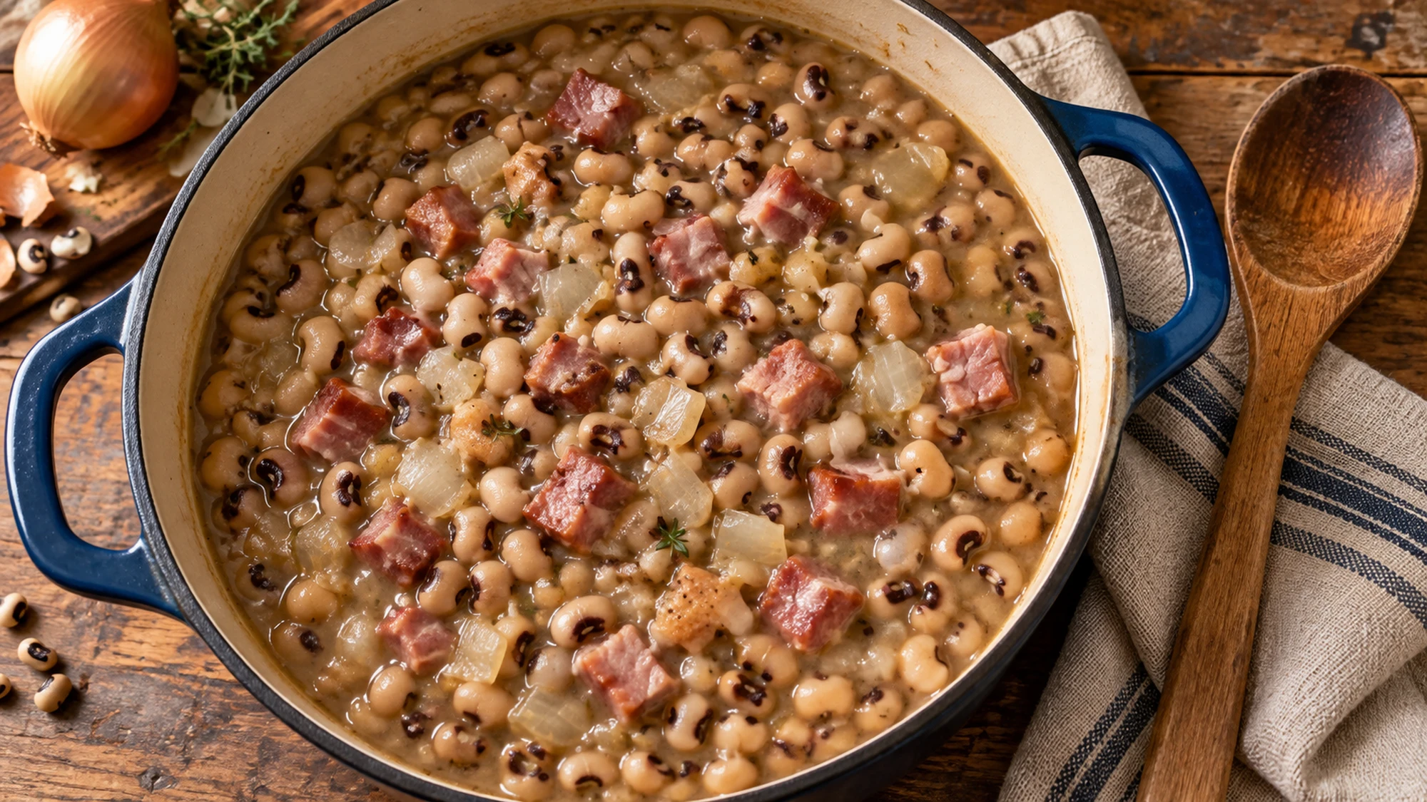 Black eyed peas recipe simmered with ham and onion in a Dutch oven