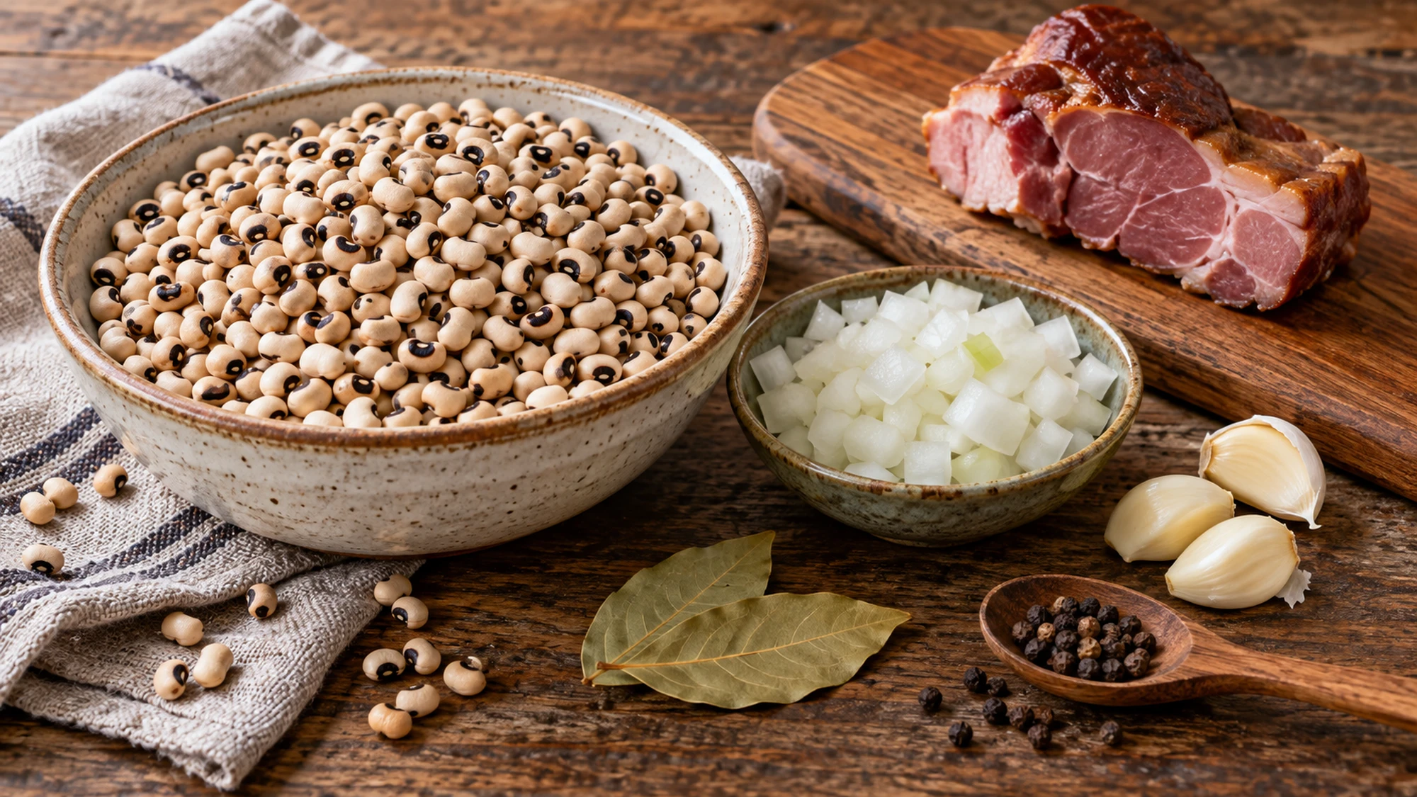 Dried black-eyed peas, smoked ham, onion, garlic and bay leaves for the recipe