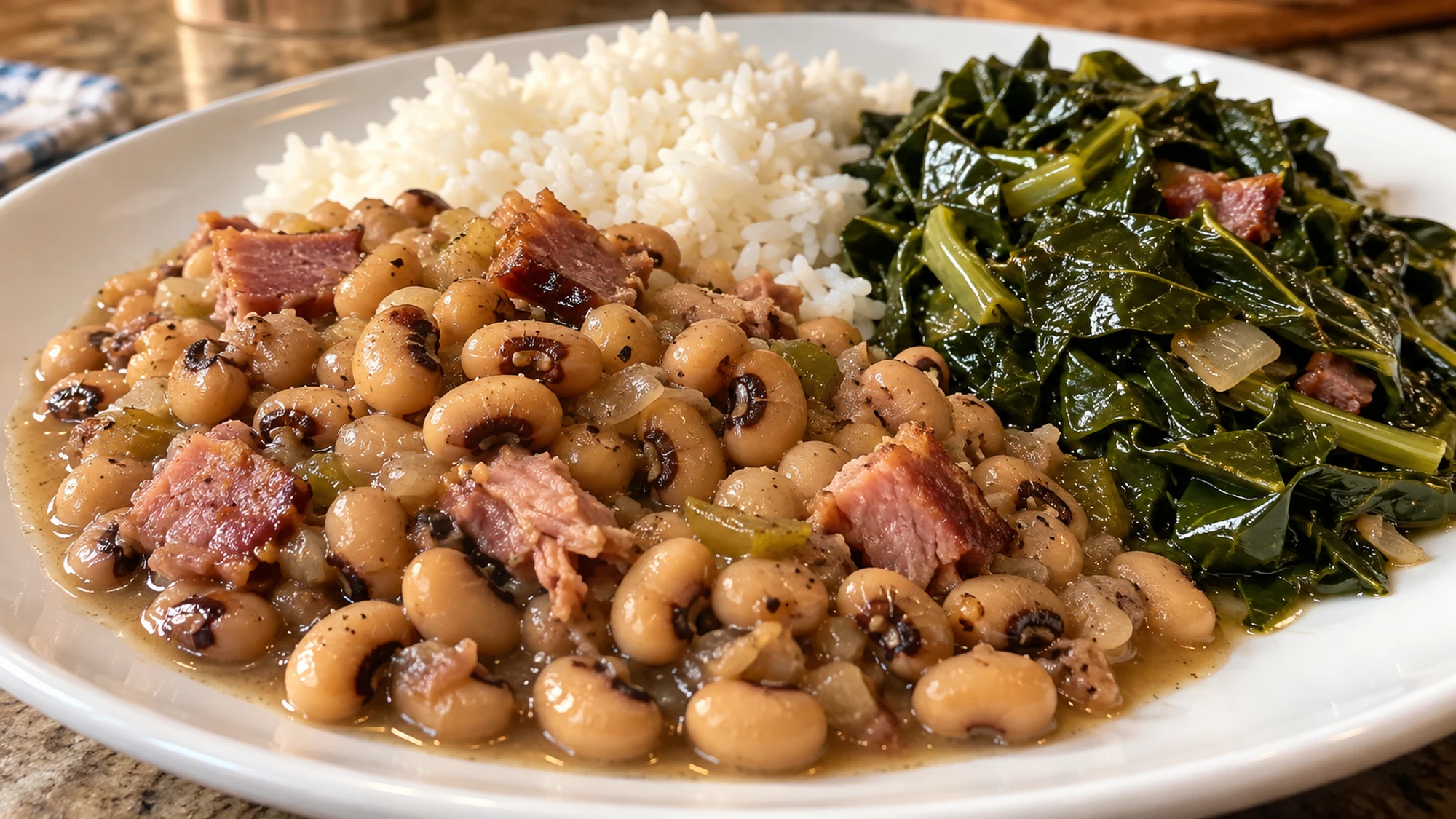 Black eyed peas recipe served with rice and collard greens