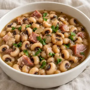 Black eyed peas recipe in a white bowl with ham and parsley