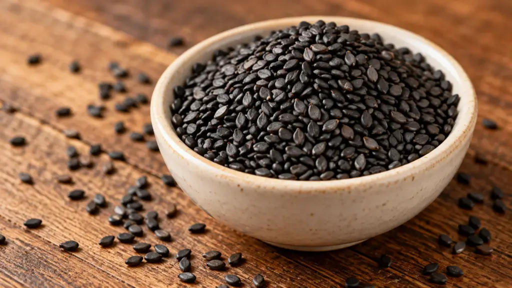 Black sesame seeds in an ivory bowl on a wooden table