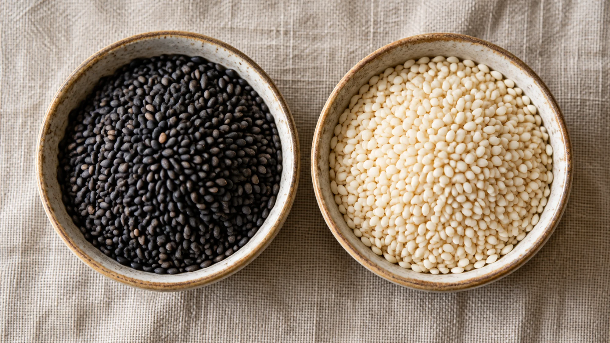 Black sesame seeds beside white sesame seeds in two bowls
