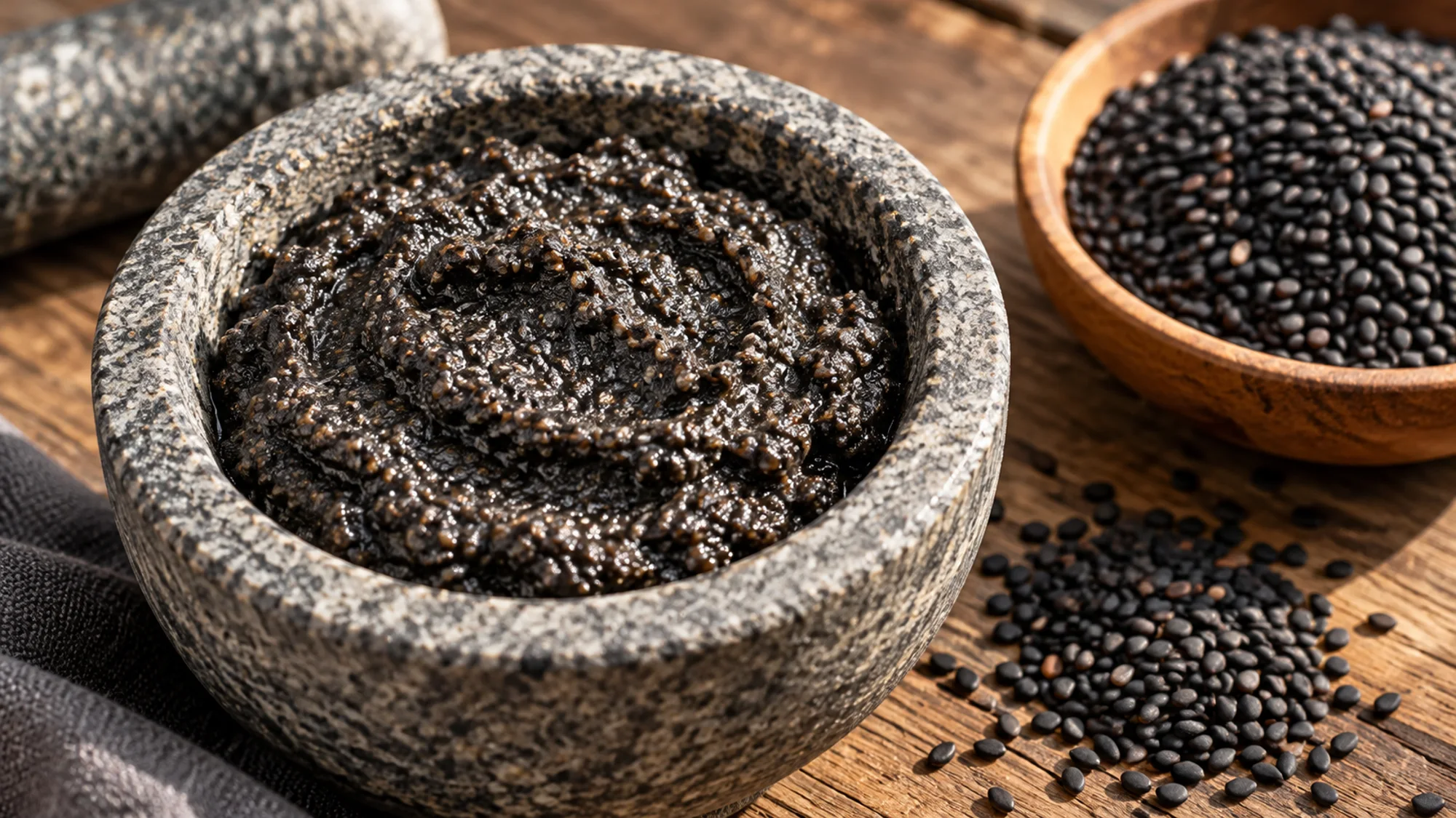 Black sesame seeds ground into a coarse paste in a stone mortar