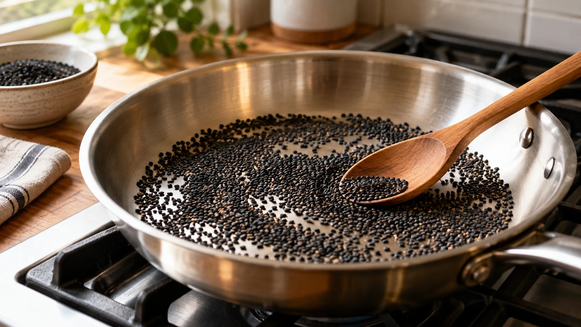 Black sesame seeds spread in a skillet with a wooden spoon