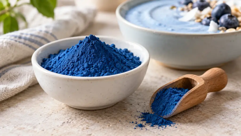 Blue spirulina powder in a ceramic bowl beside a wooden scoop