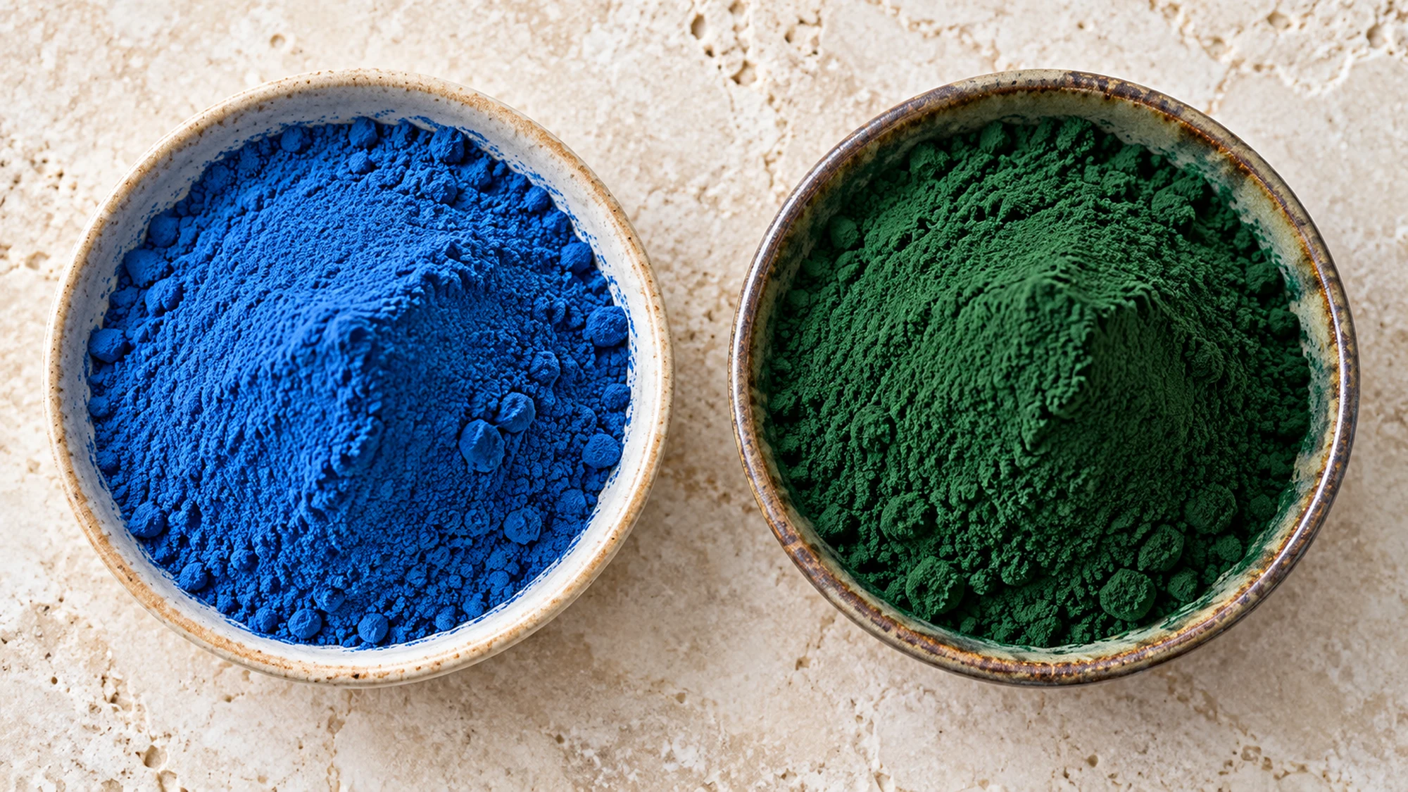 Blue spirulina extract beside green whole spirulina powder