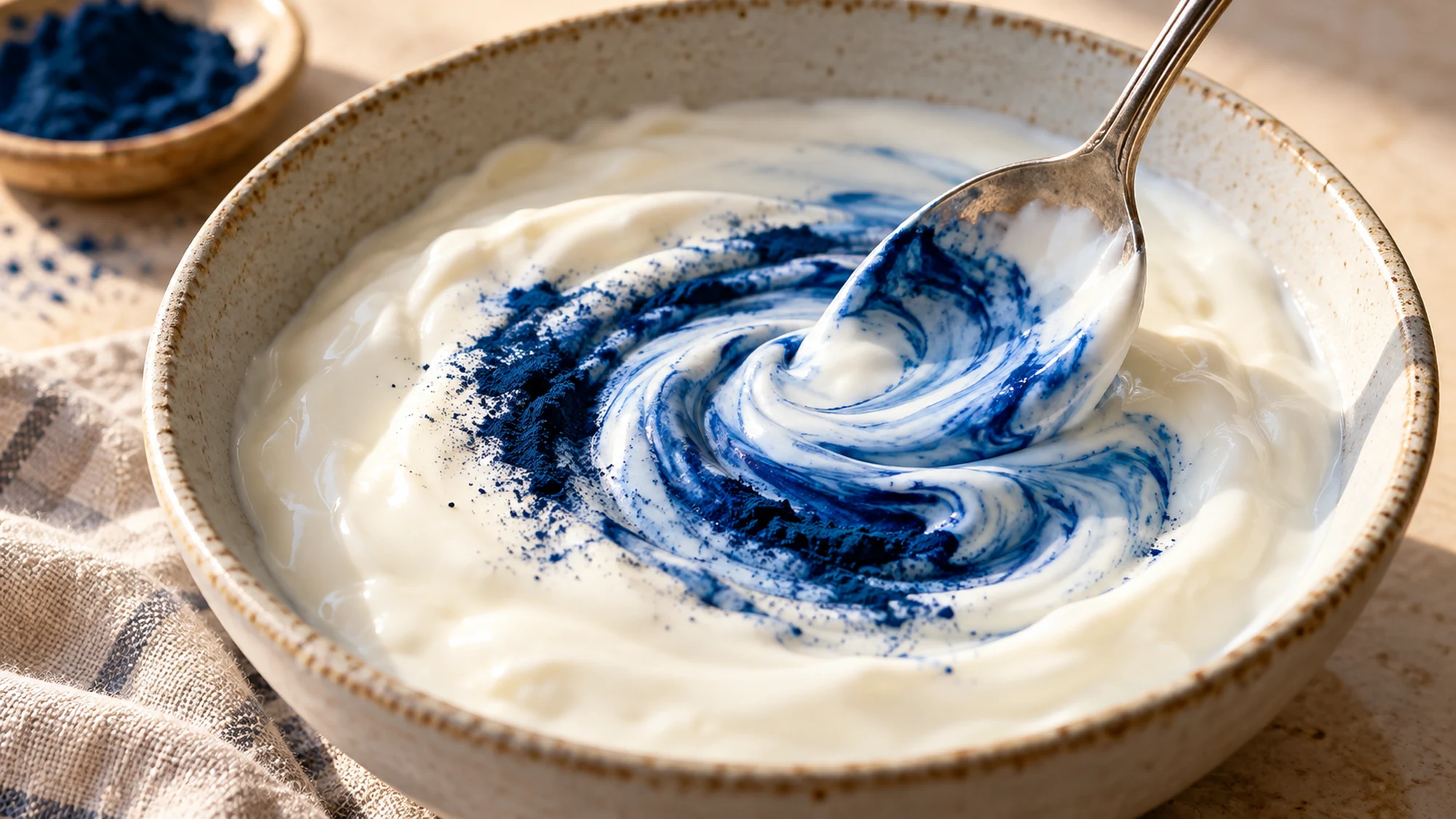 Blue spirulina stirred into white yogurt with a spoon