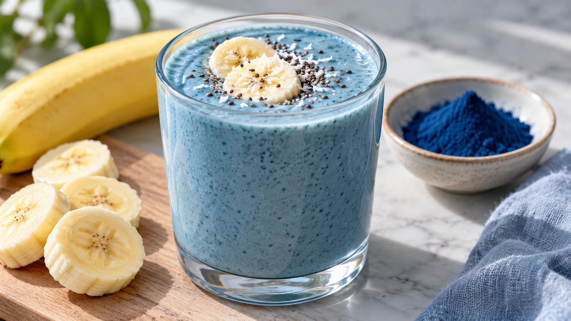 Blue spirulina smoothie with banana slices