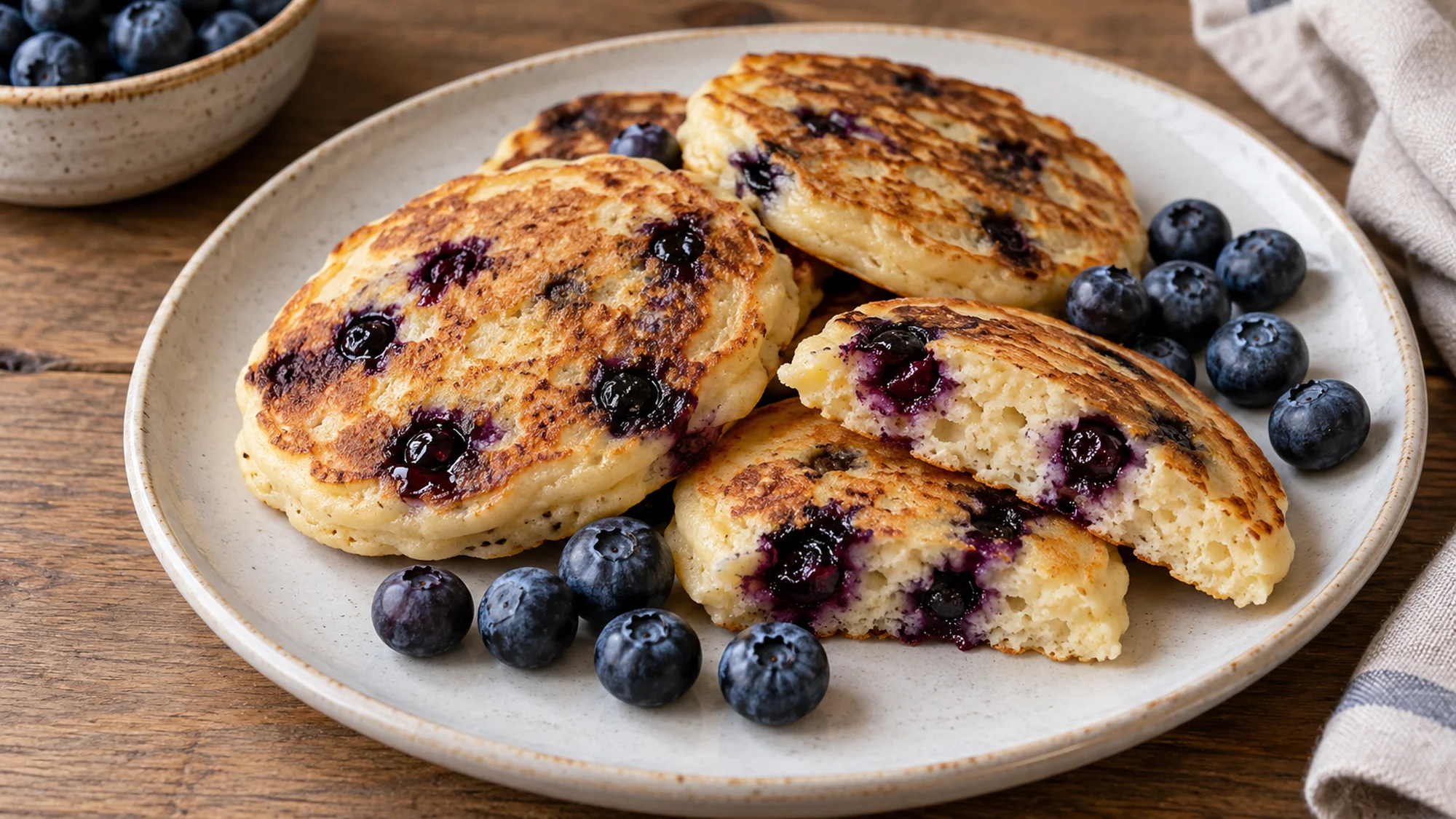 Cut blueberry tofu pancakes showing a soft interior