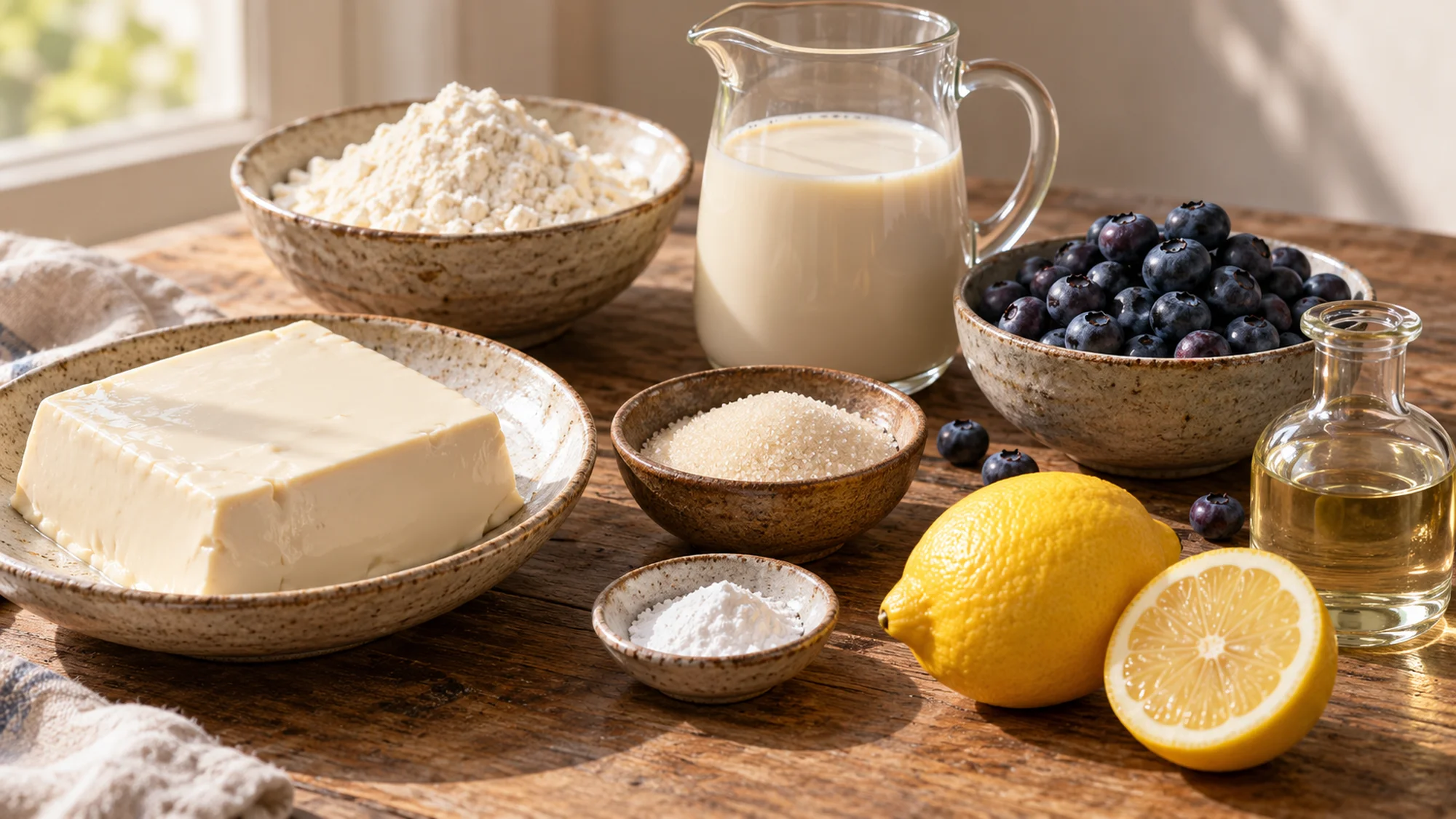 Tofu, flour, soy milk and blueberries for blueberry tofu pancakes