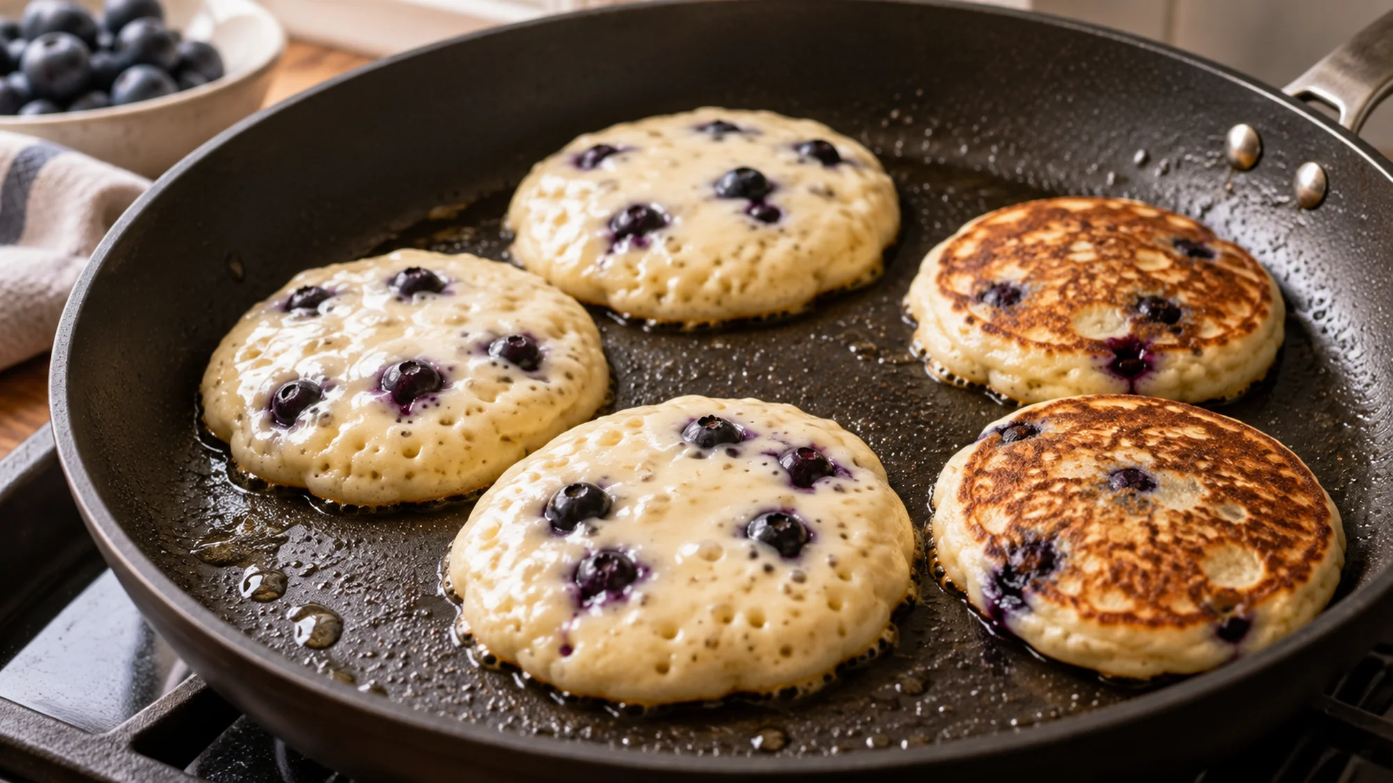 Blueberry tofu pancakes cooking in a nonstick skillet
