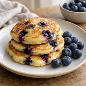 A small stack of blueberry tofu pancakes with blueberries