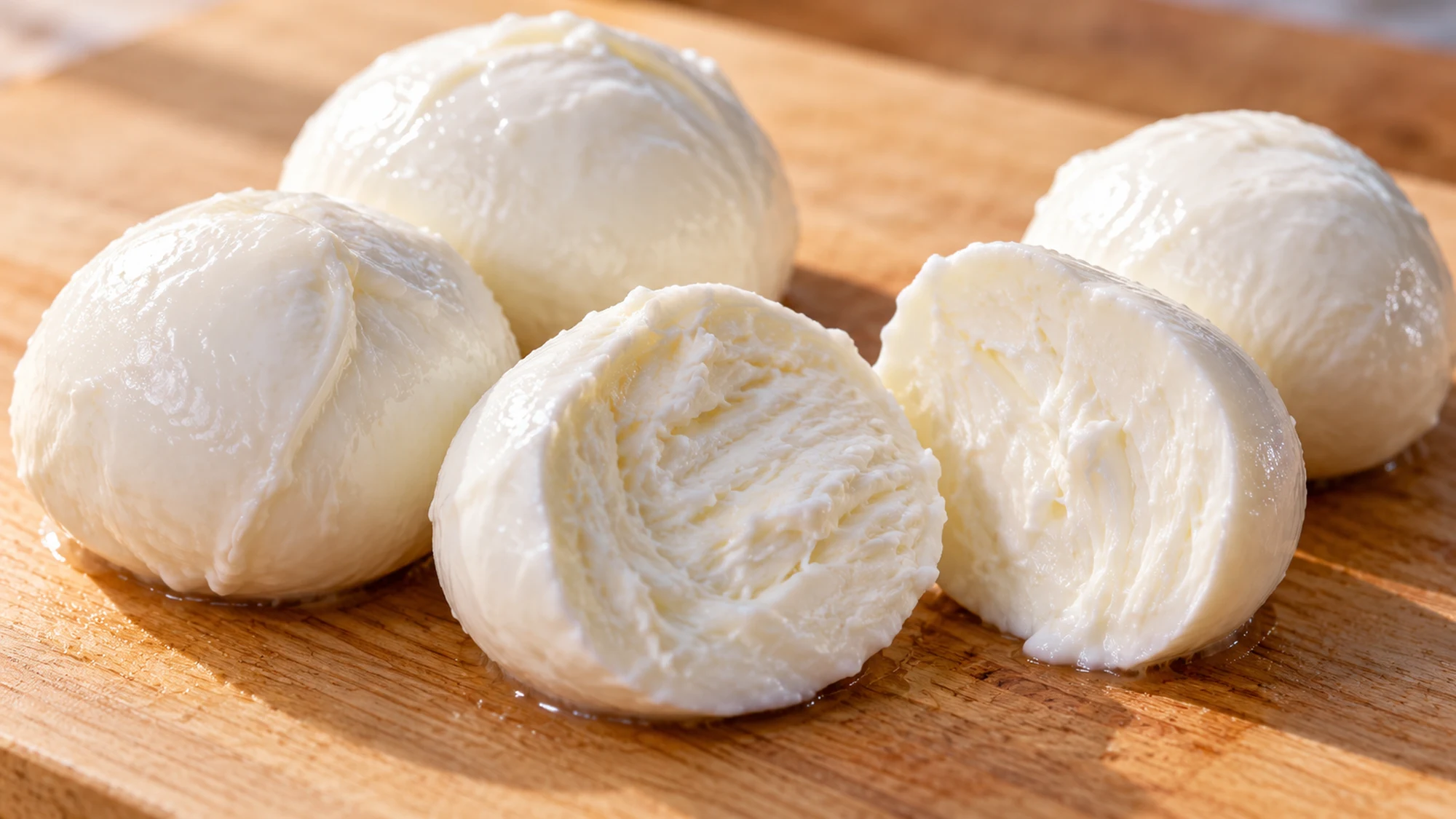 Whole and halved bocconcini showing their moist white interior on a wooden board