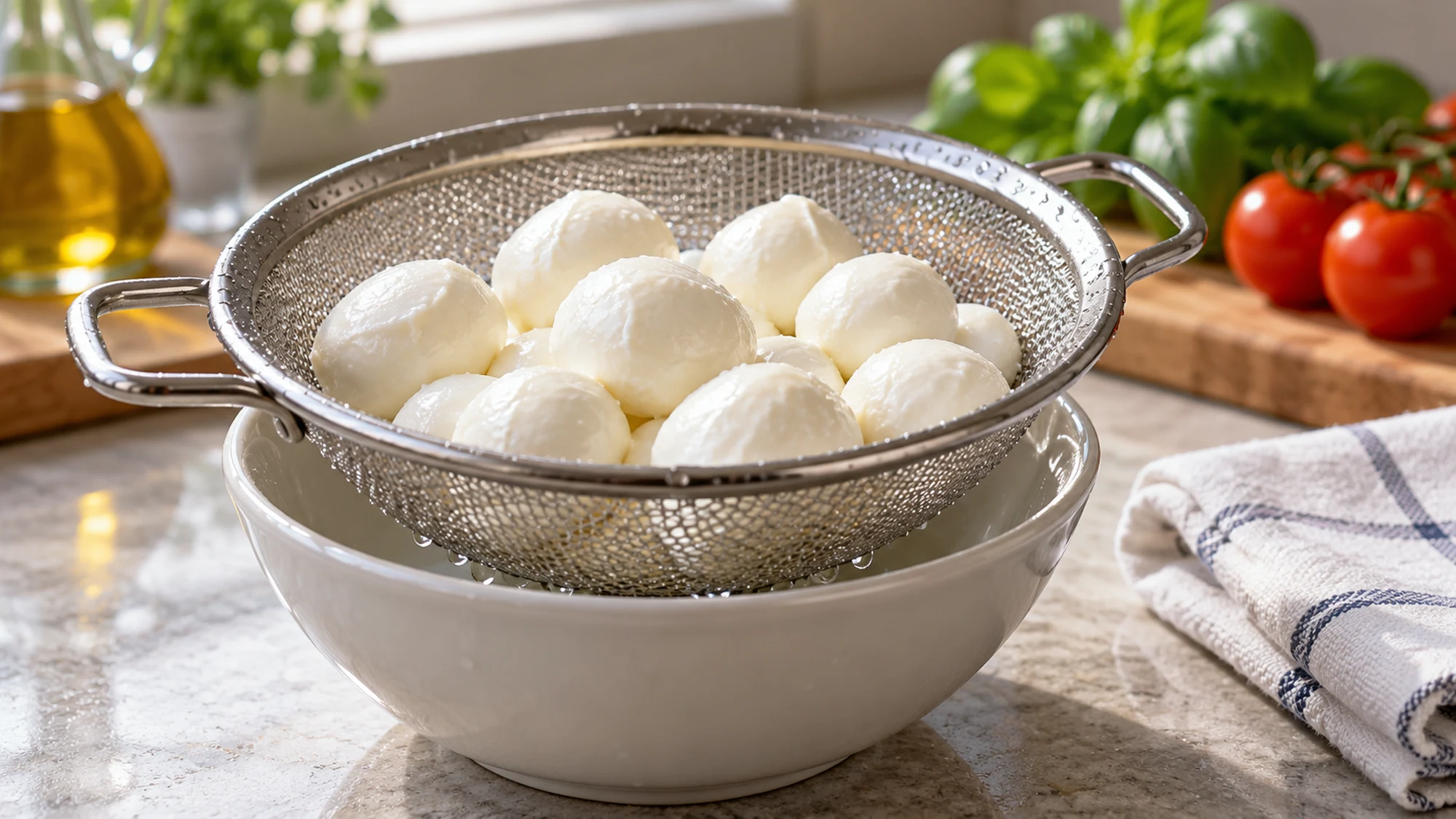 Bocconcini balls draining in a metal strainer over a bowl