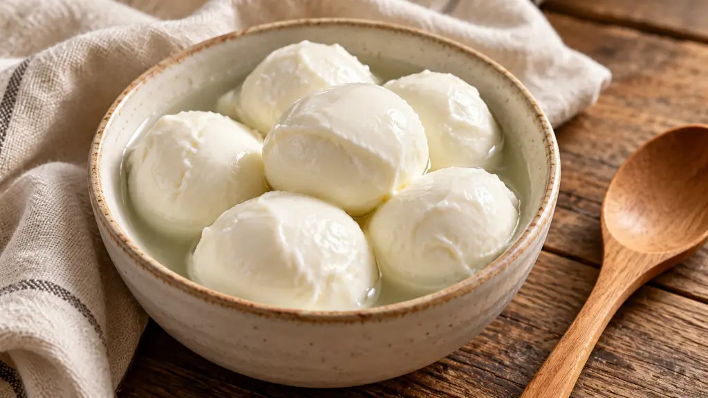 Bocconcini fresh mozzarella balls in a ceramic bowl with packing liquid