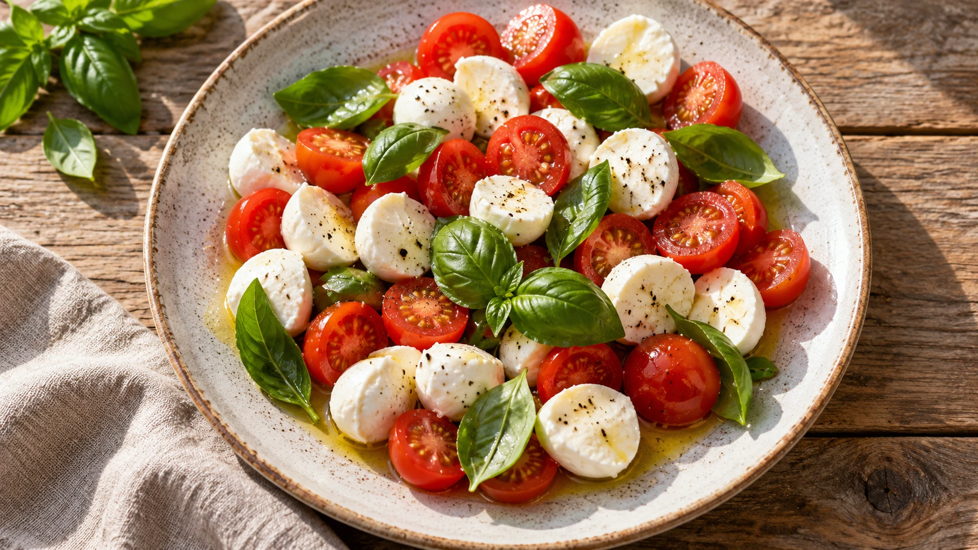 Halved bocconcini with cherry tomatoes and basil on a ceramic plate