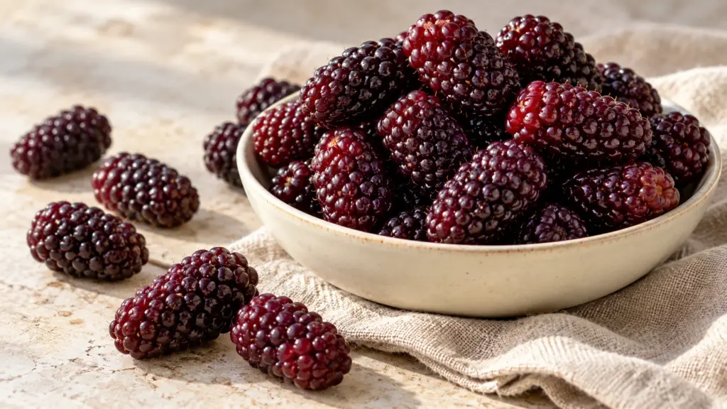 Boysenberry fruit with deep maroon drupelets in a cream bowl