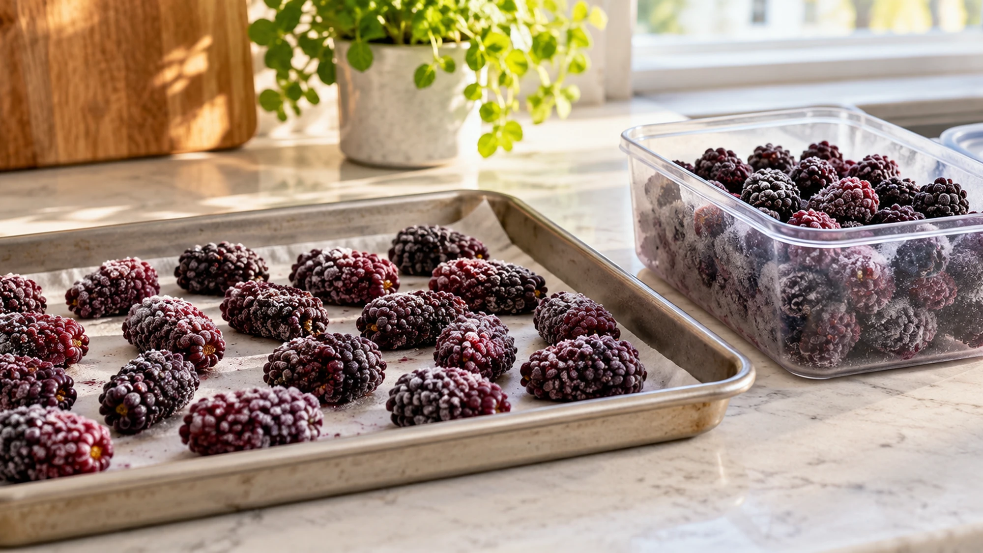 Boysenberry fruit frozen separately on a tray beside a freezer container
