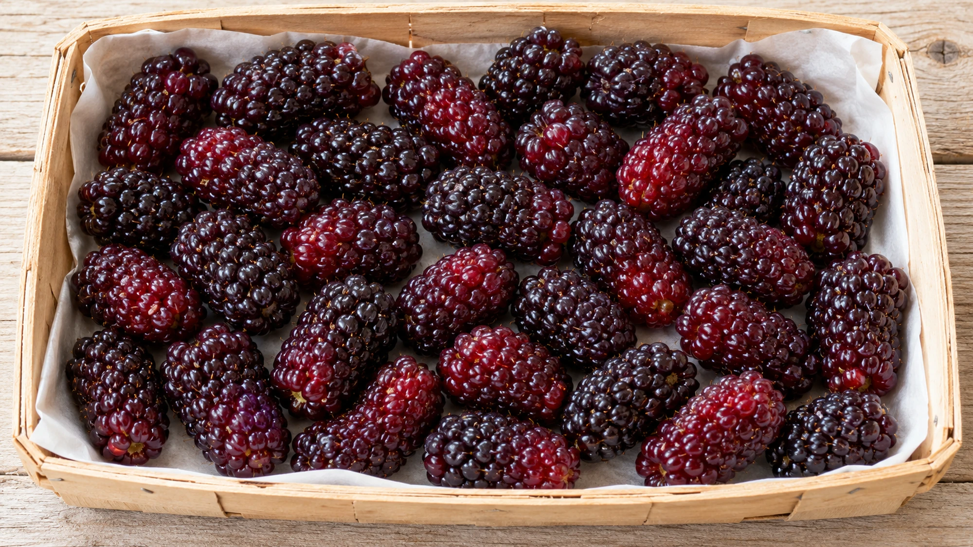 Fresh boysenberry fruit in a shallow paper-lined harvest basket
