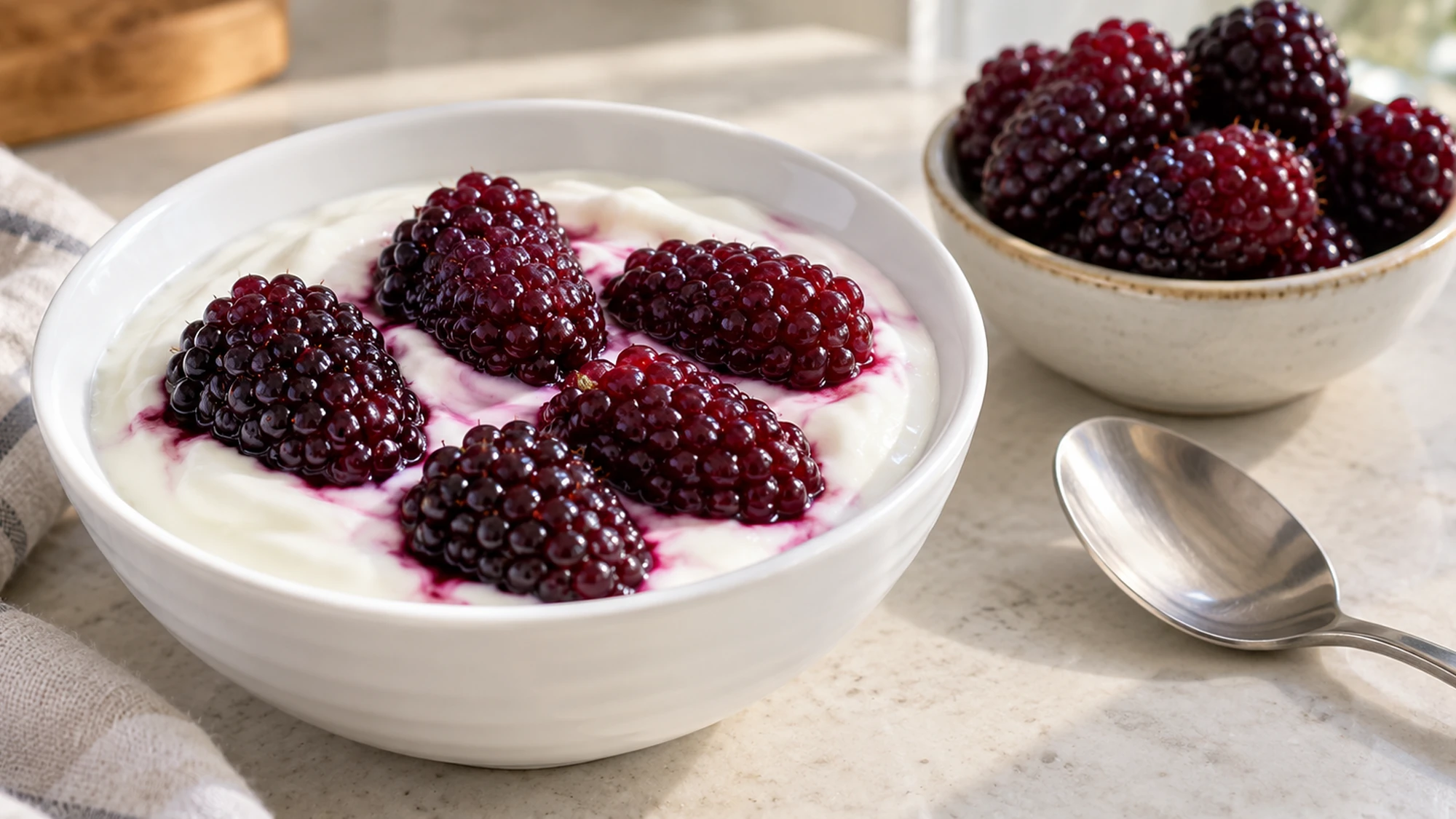 Boysenberry fruit served on plain yogurt beside a spoon