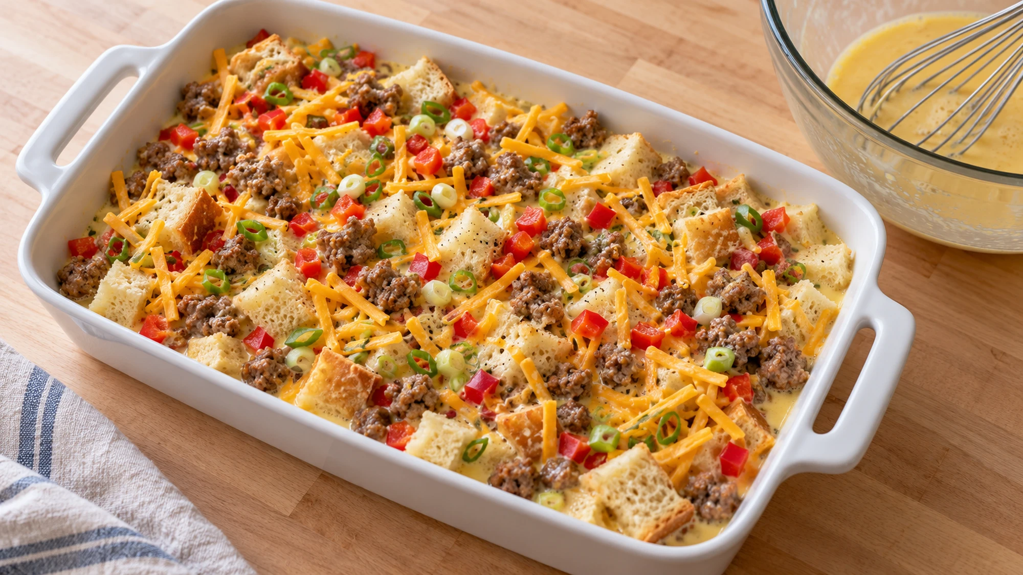 Unbaked breakfast casserole with bread soaking in egg custard