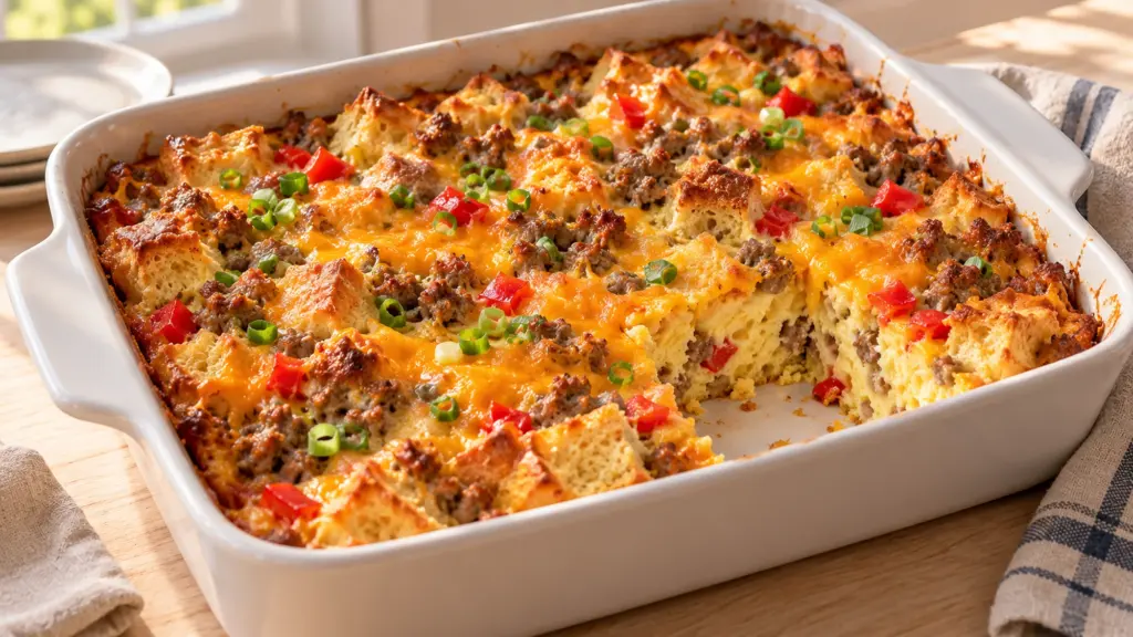 Golden breakfast casserole with bread, sausage, cheddar and red pepper