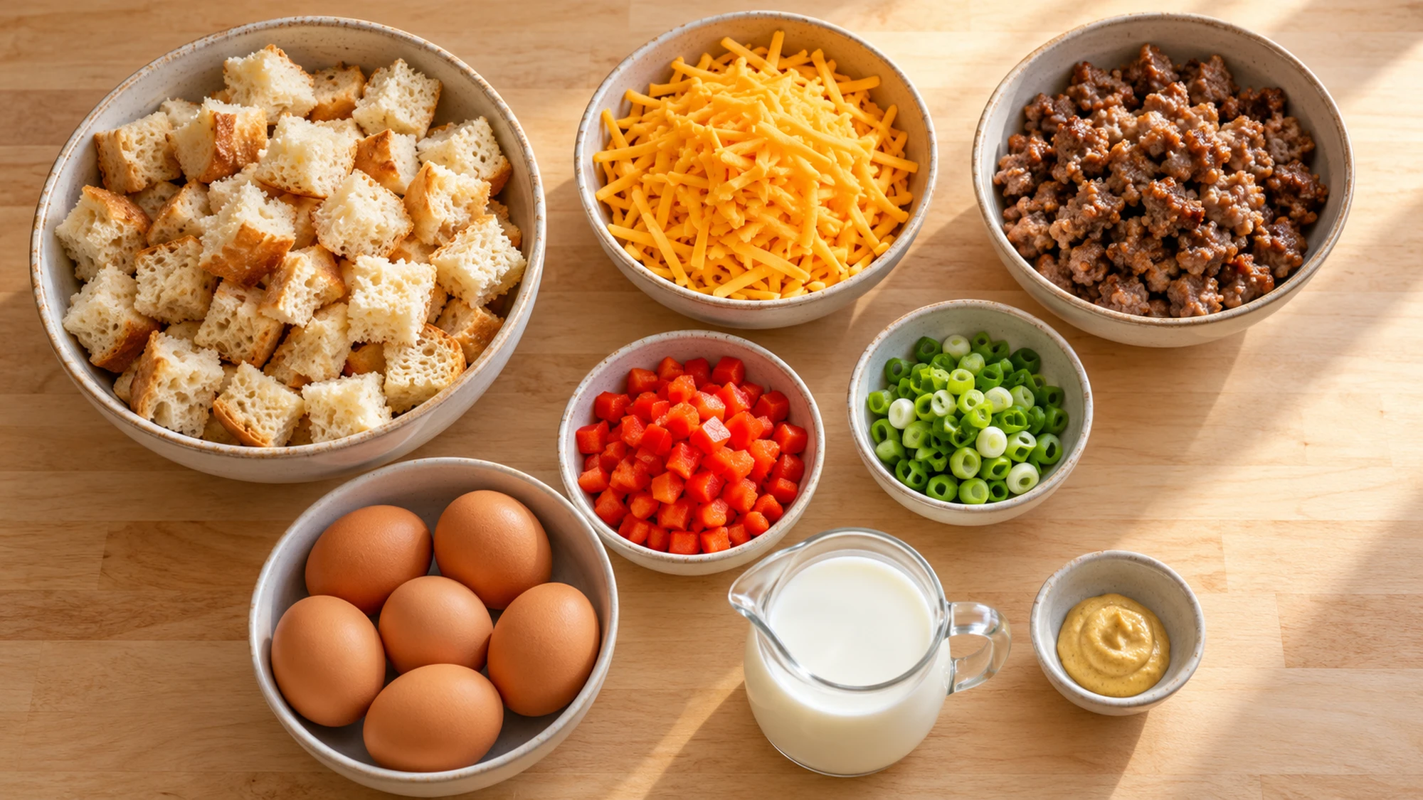 Bread cubes, sausage, cheddar, eggs, milk and vegetables for breakfast casserole