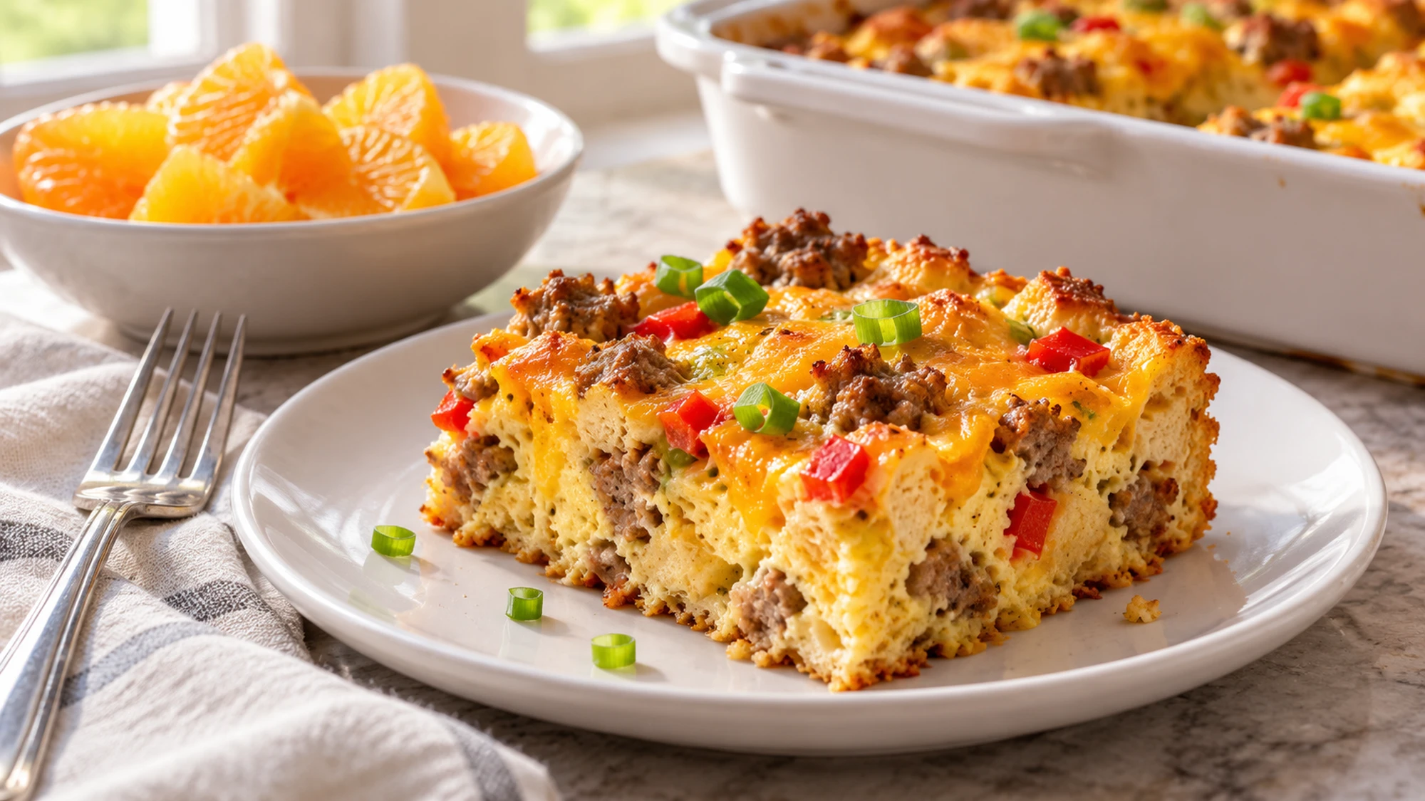 A square of breakfast casserole beside fresh orange segments